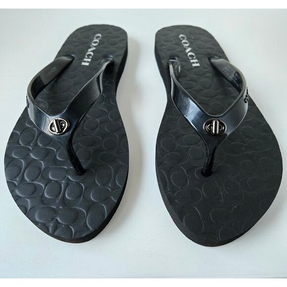 Coach NEW Abbigail Signature Turnlock Black Flip Flop Sandal Rubber Size 7 Gift - Picture 6 of 14